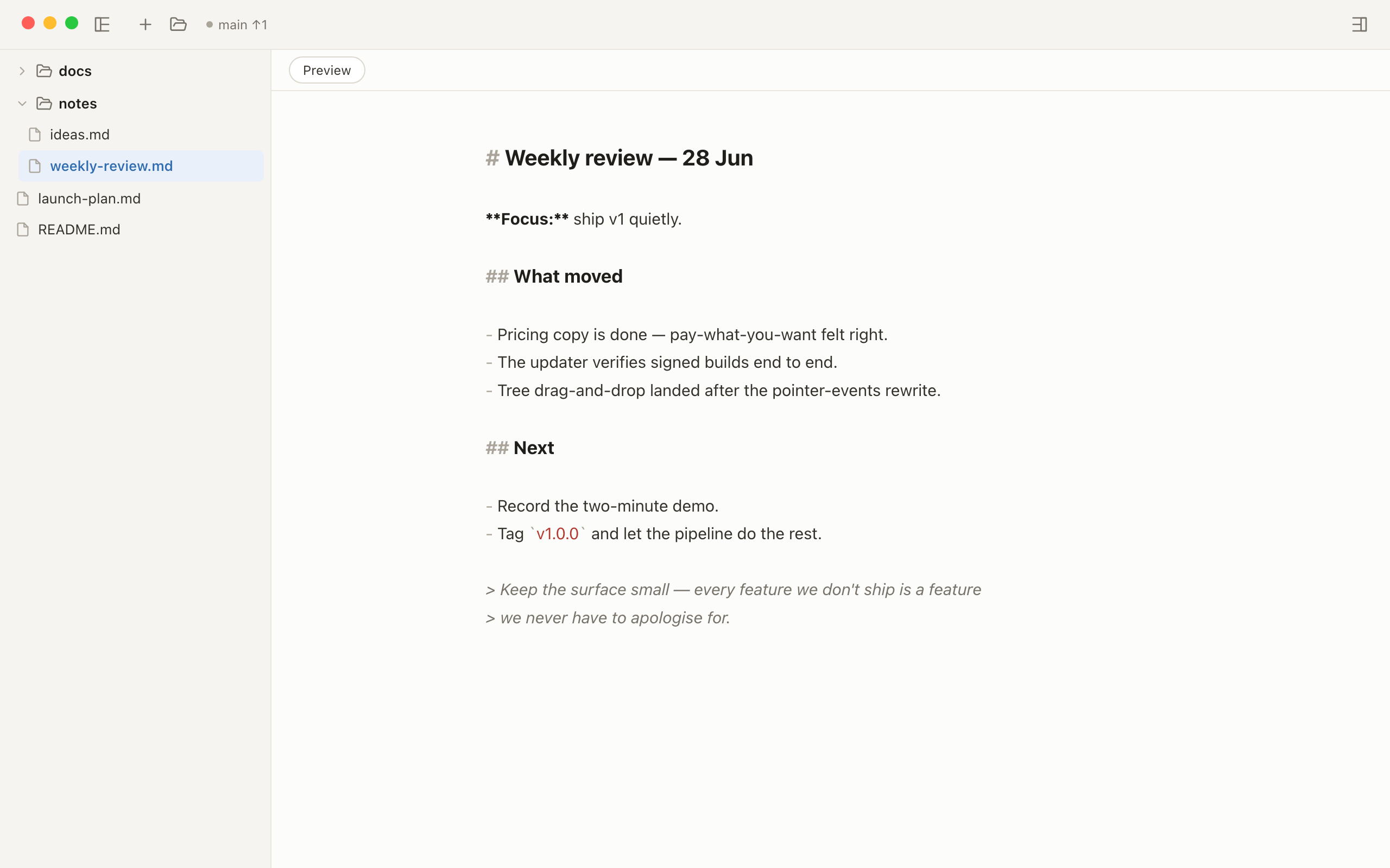 The same Markdown file in bare flipped to source view with gentle syntax highlighting, in the same reading column as the rendered page.