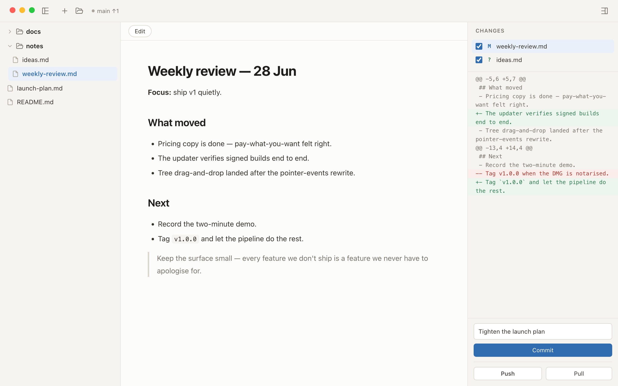 bare, a beautiful Markdown editor for Mac with Git built in: a rendered Markdown note beside the file tree, with changes ready to commit — no plugins, no graph, no vault.
