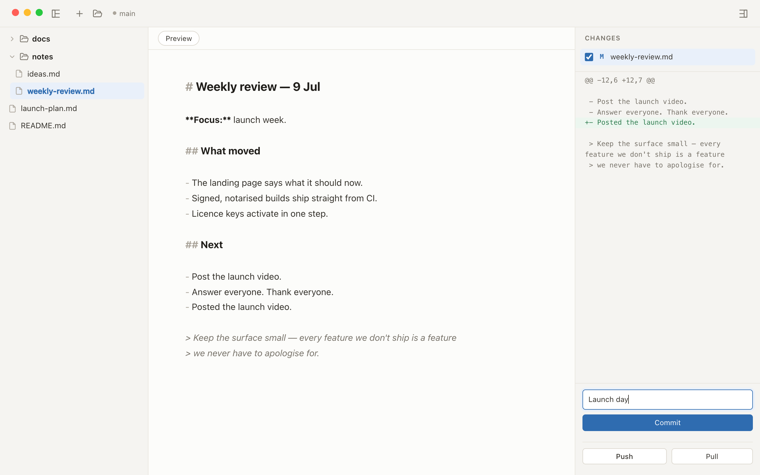 Committing Markdown without the command line: bare's Changes pane with a unified Markdown diff, one file ticked and a commit message ready.