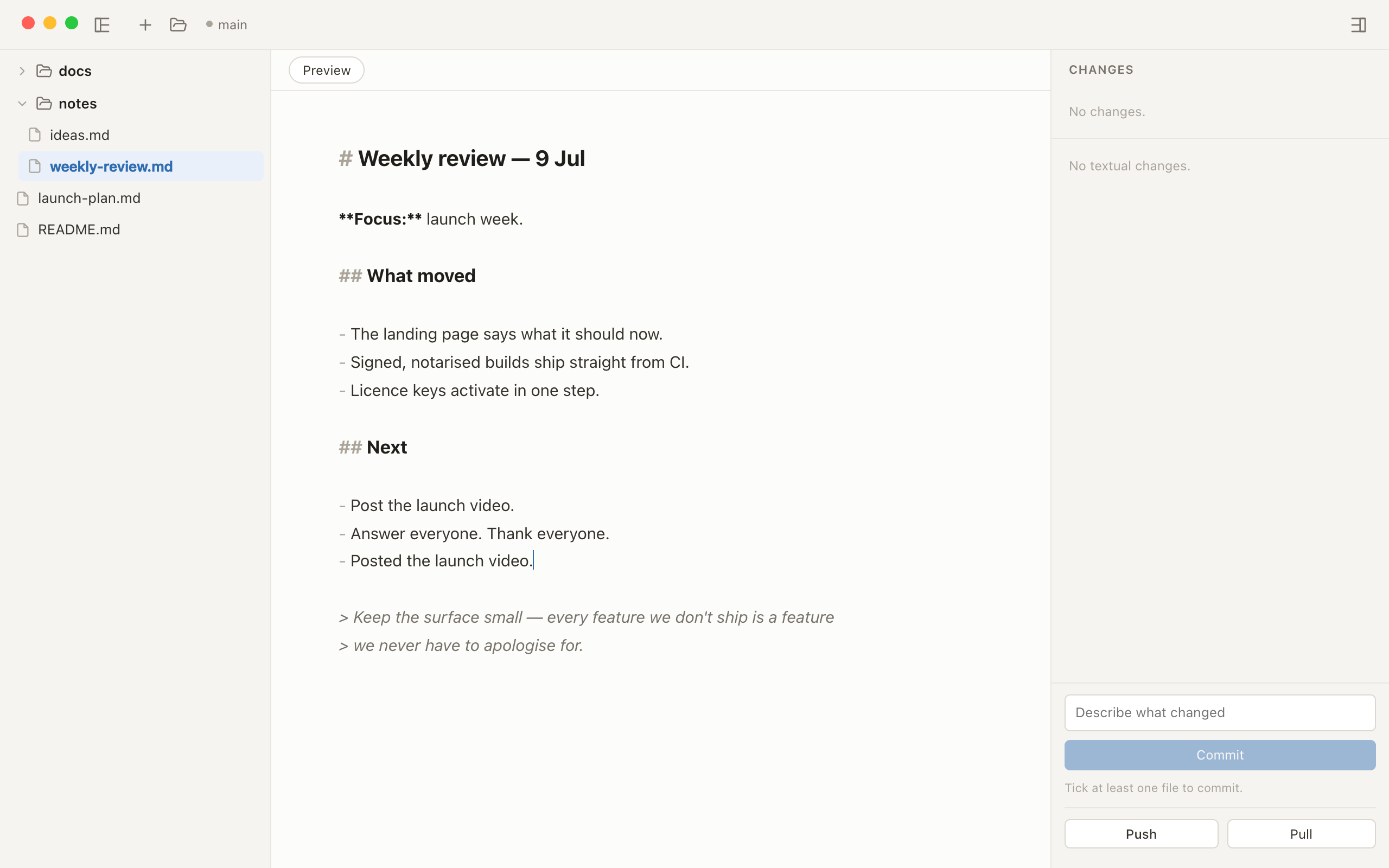 Editing Markdown source on Mac in bare: gently syntax-highlighted Markdown in the same reading column as the preview.