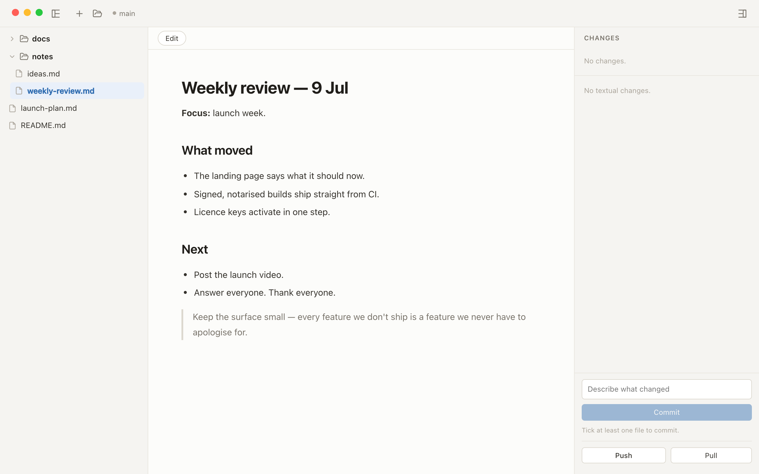 bare showing a Markdown note rendered as a clean page beside the file tree, with the Changes pane quiet.